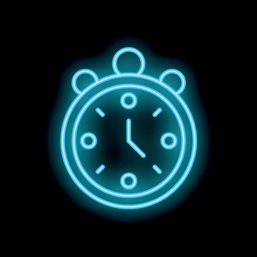 Neon blue alarm clock shining on black background vector