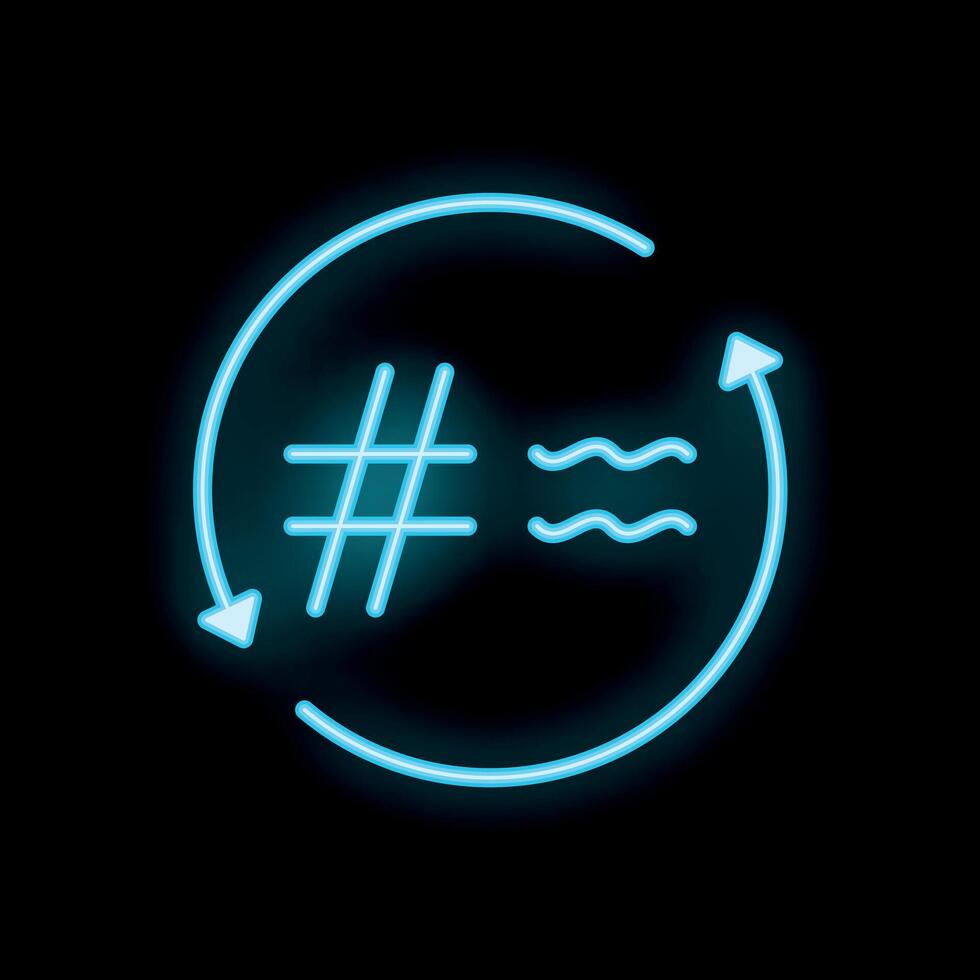 Neon blue hashtag symbol transforming into waves inside a circular arrow sign vector