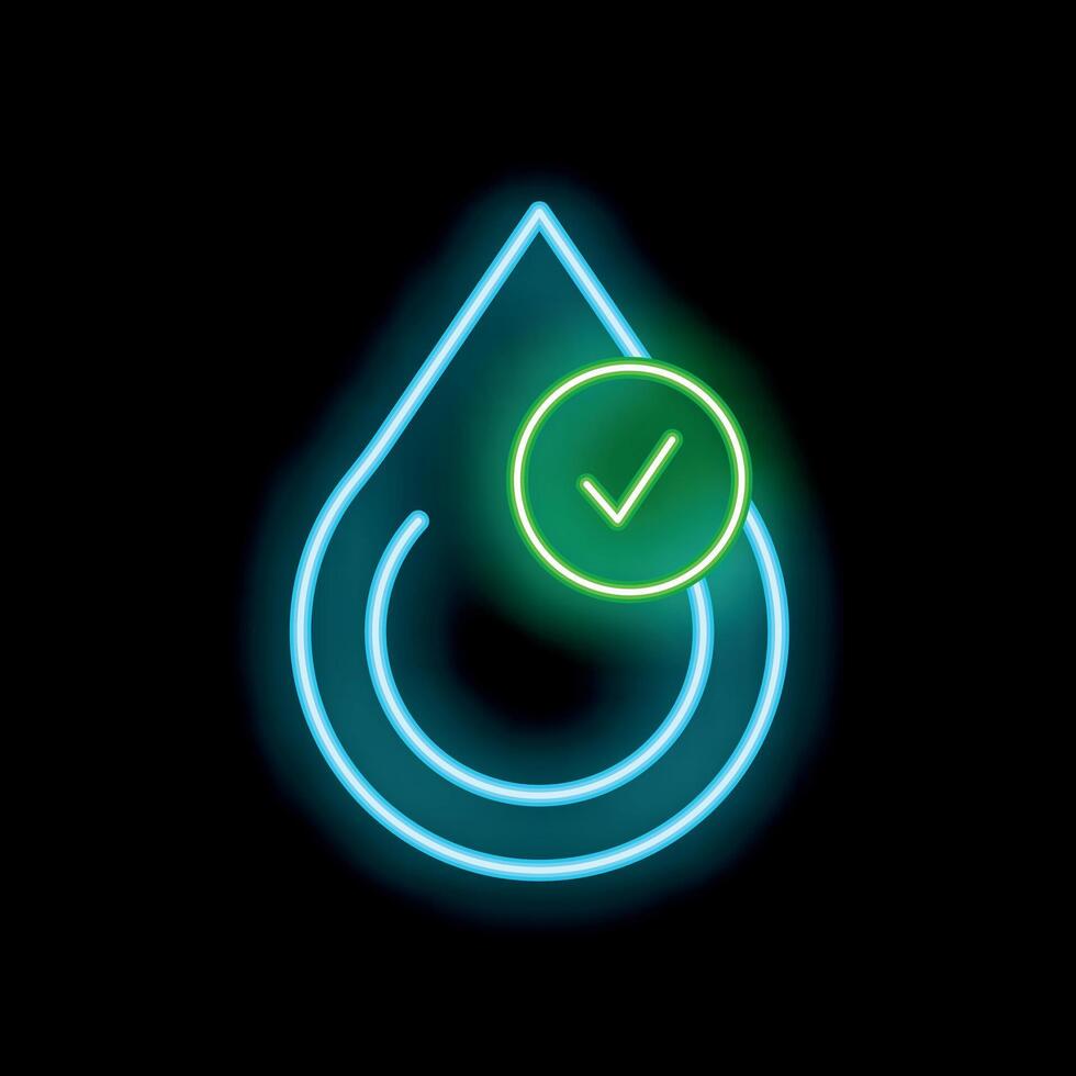 Neon icon of water drop with check mark symbolizing clean water vector