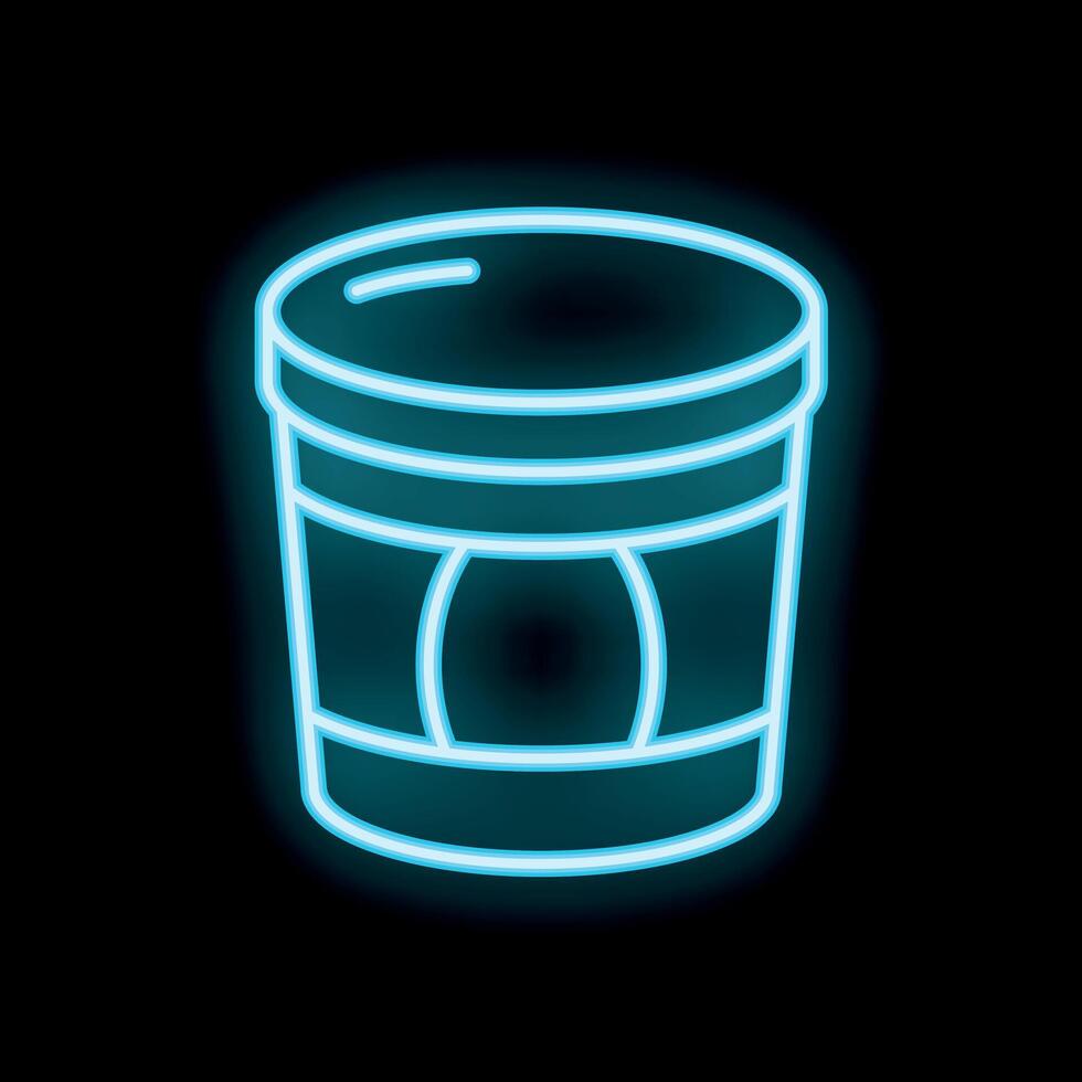 Blue neon sign of a plastic container with lid on a black background vector