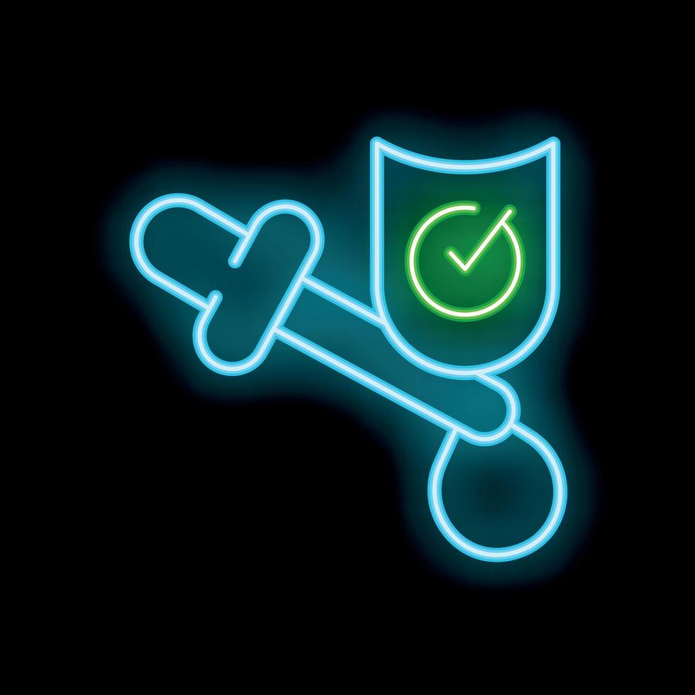 Neon icon of a sword being protected by a shield with check mark vector