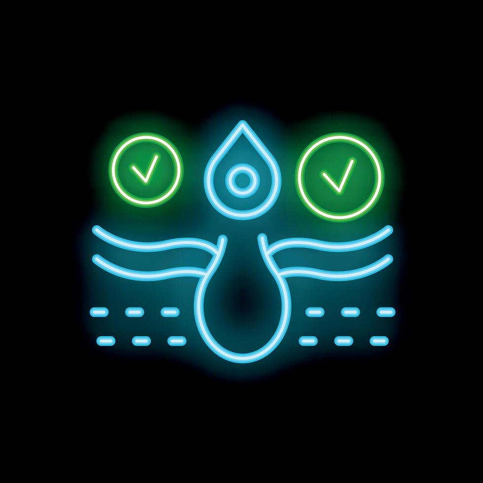 Neon icon of water drop absorbing into skin with check marks approving hydration vector