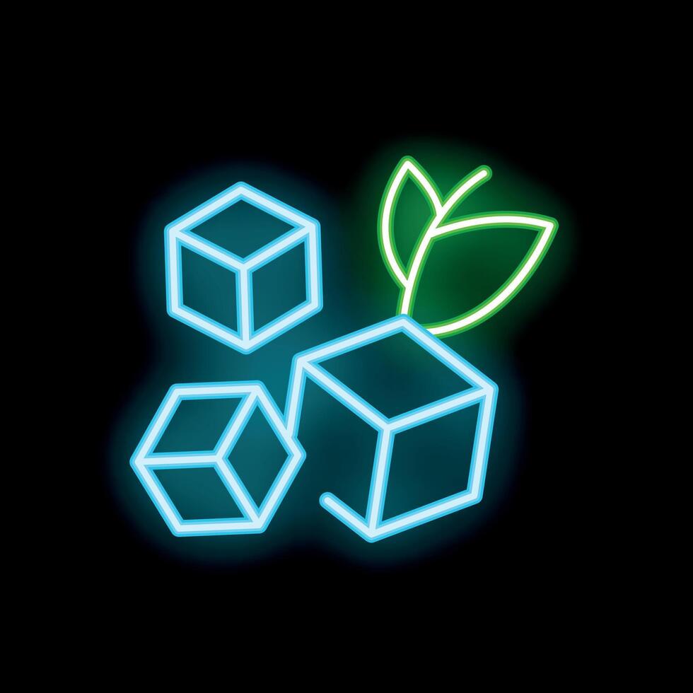 Neon sign of ice cubes and mint leaves representing freshness vector