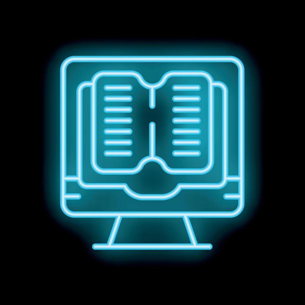 Neon icon of open book displaying on computer monitor screen vector