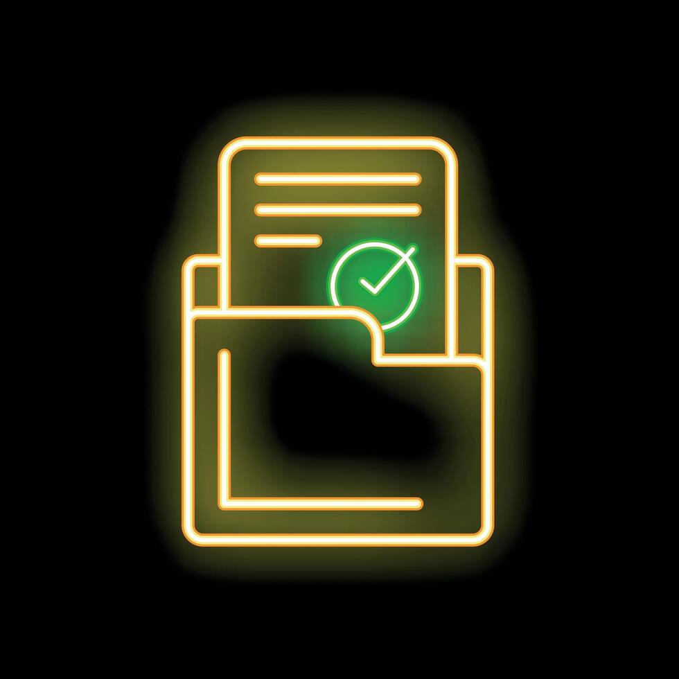 Neon green approved document icon with folder on black background vector