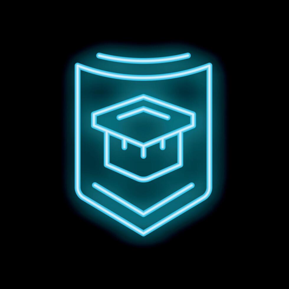 Neon blue icon of graduation cap in shield for online education vector