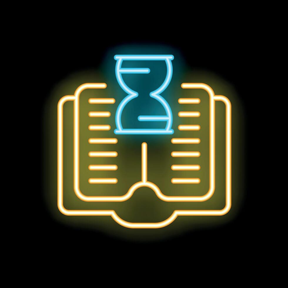 Neon icon of hourglass on open book symbolizing history and time passing vector