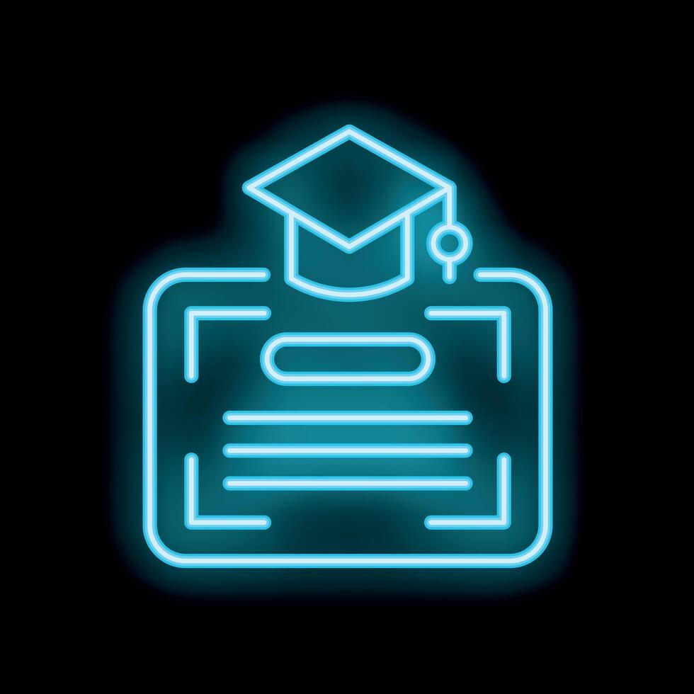 Neon icon of graduation certificate with graduation cap representing education vector