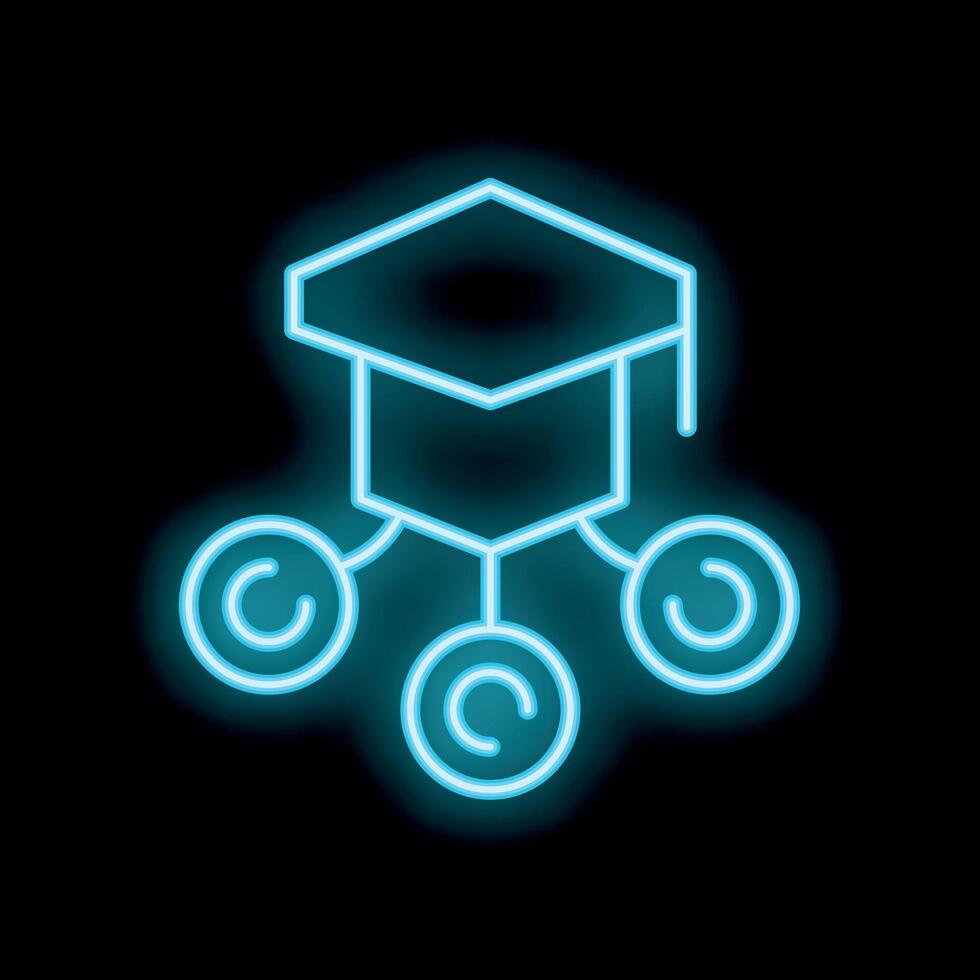 Neon icon of graduation hat distributing copyright symbols representing intellectual property rights in education vector
