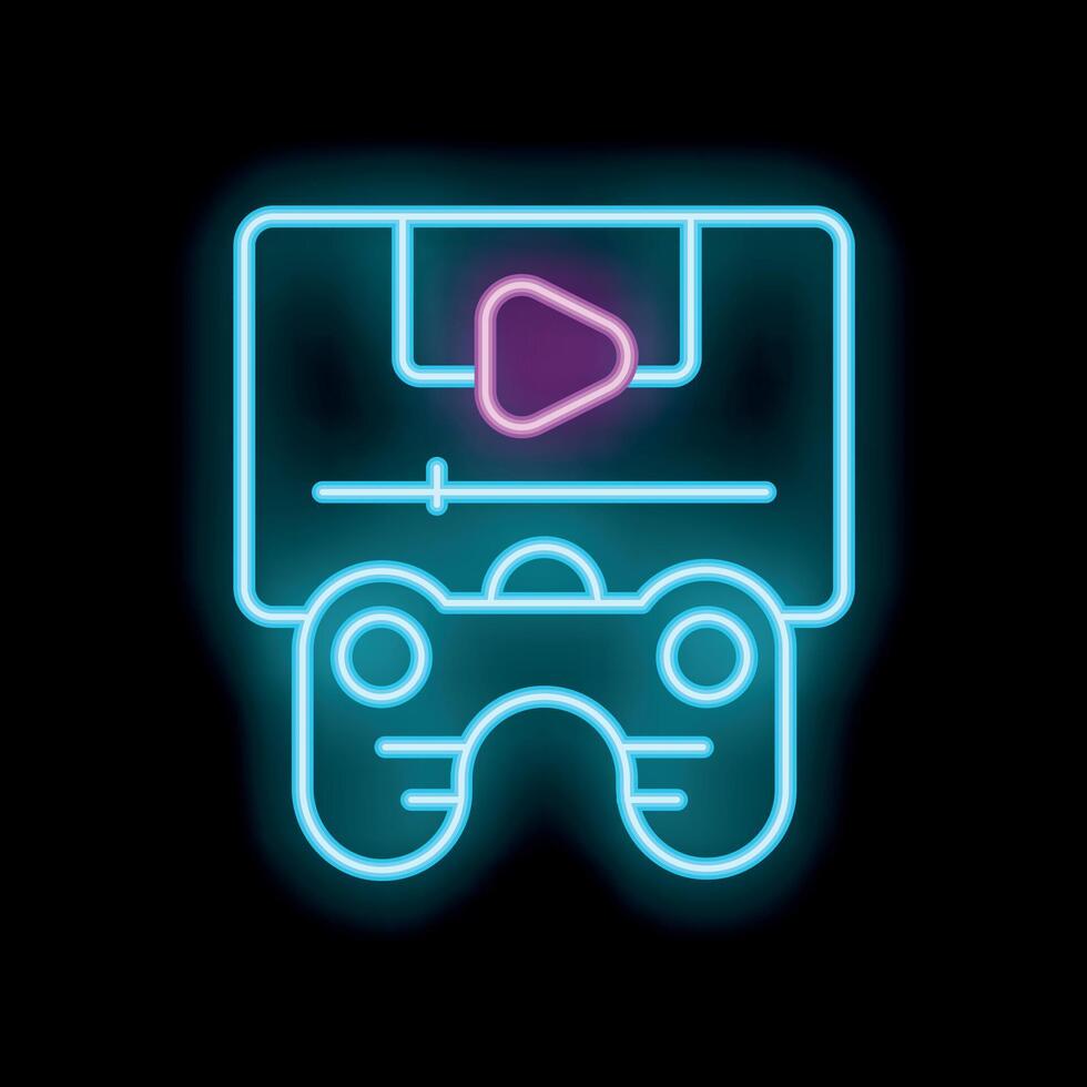 Neon game cartridge being played with controller icon vector