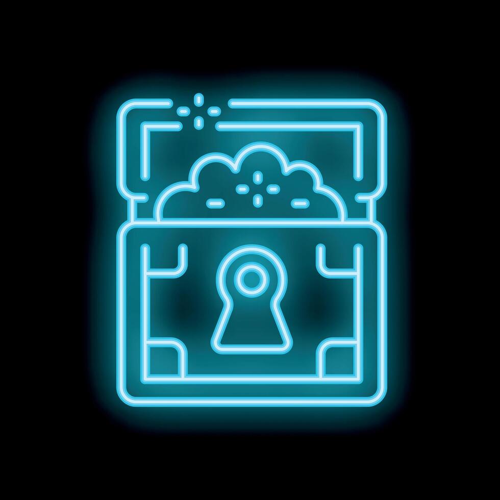 Blue neon chest open with light shining from inside on black background vector