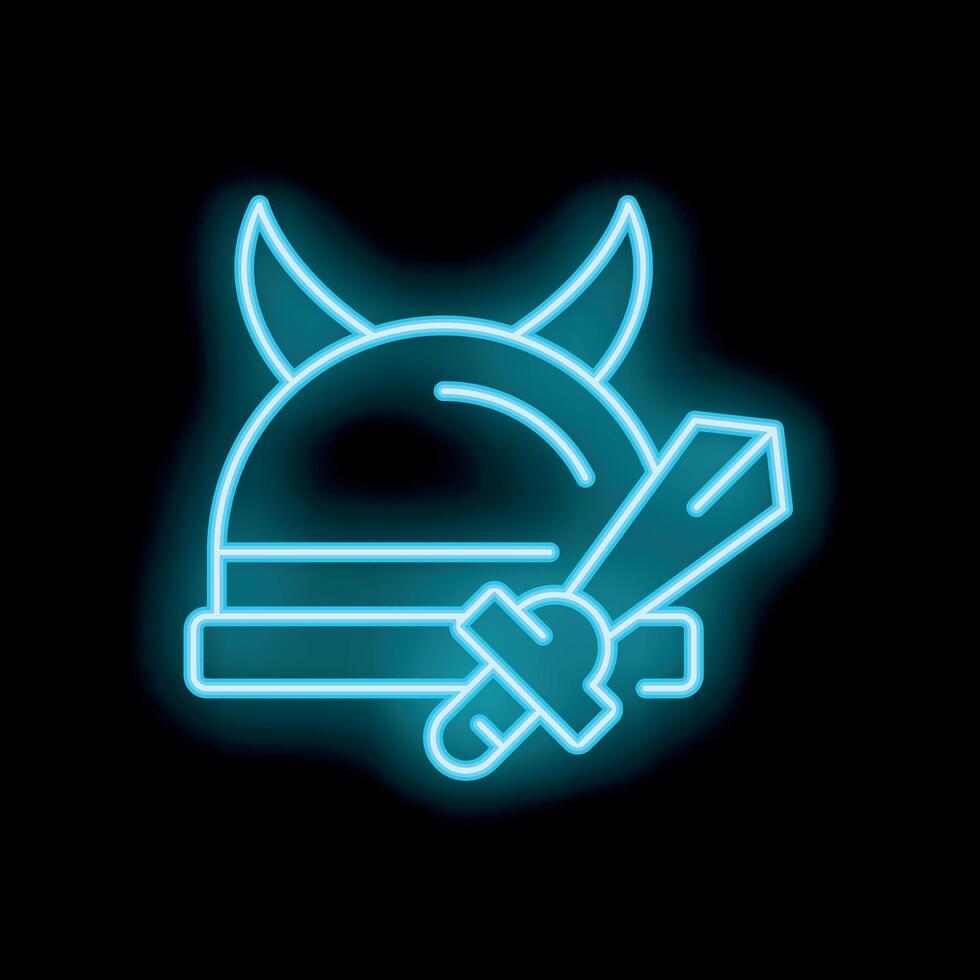 Glowing neon viking helmet and sword on black background vector