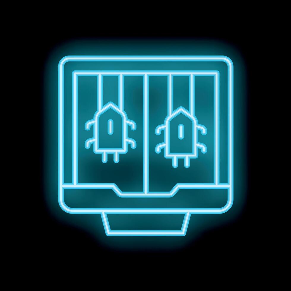 Blue glowing neon line processor with a virus bug icon isolated on black background vector