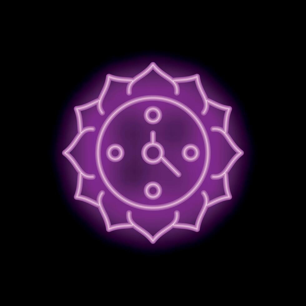 Neon lotus flower surrounding clock on black background vector