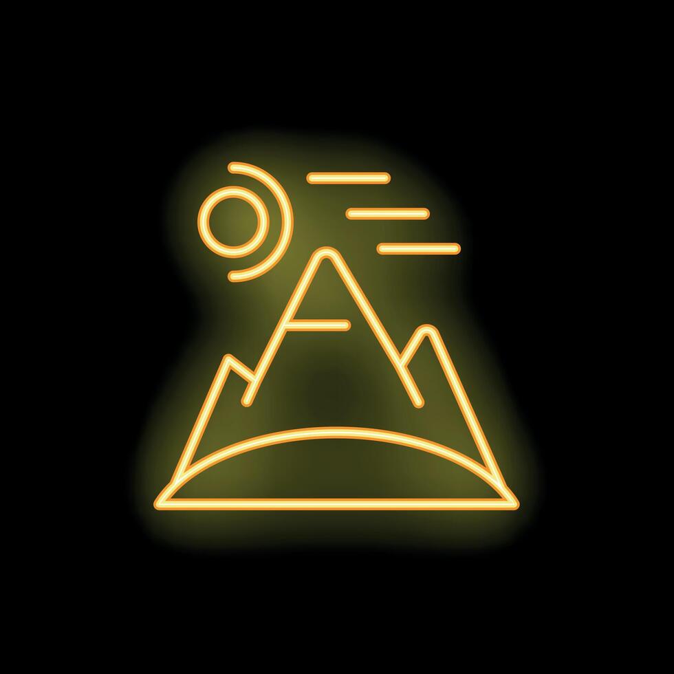 Yellow neon sign depicting mountain landscape with sun and clouds vector