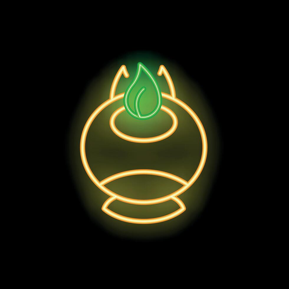 Neon green leaf growing inside a pot over black background vector