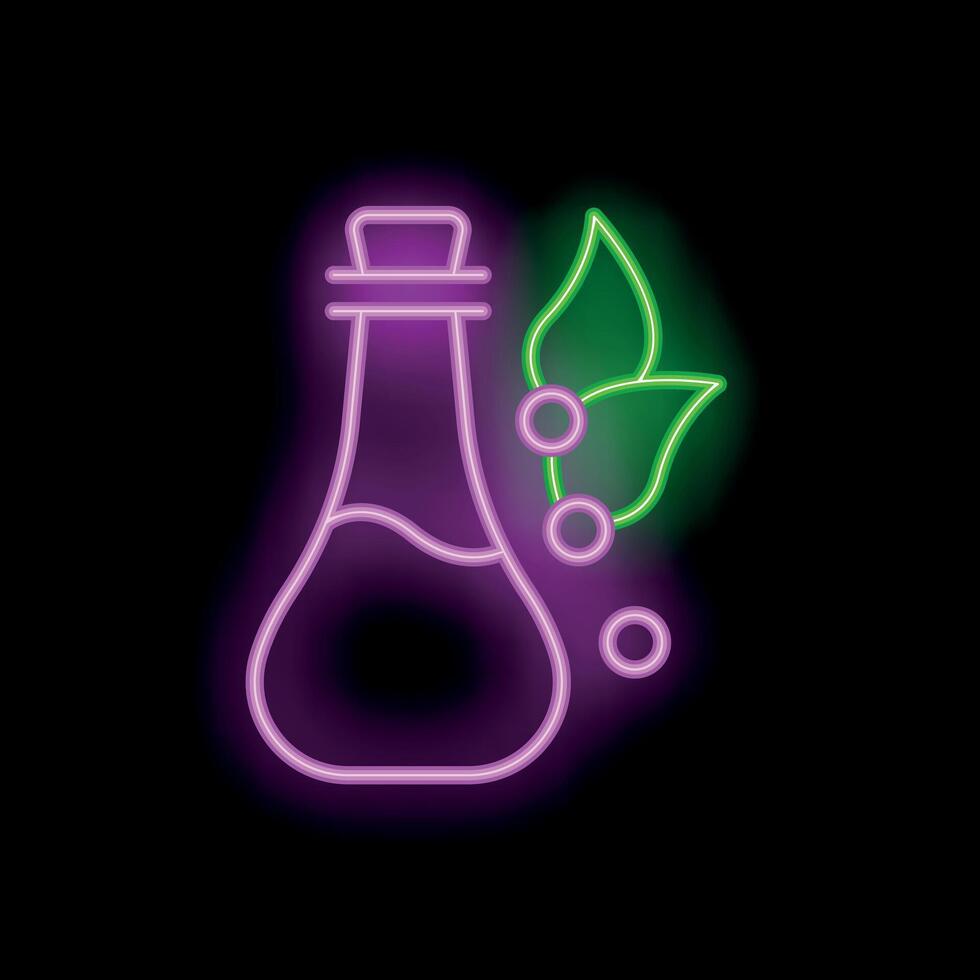 Neon sign of glass bottle with cork and plant with berries glowing in pink and green vector
