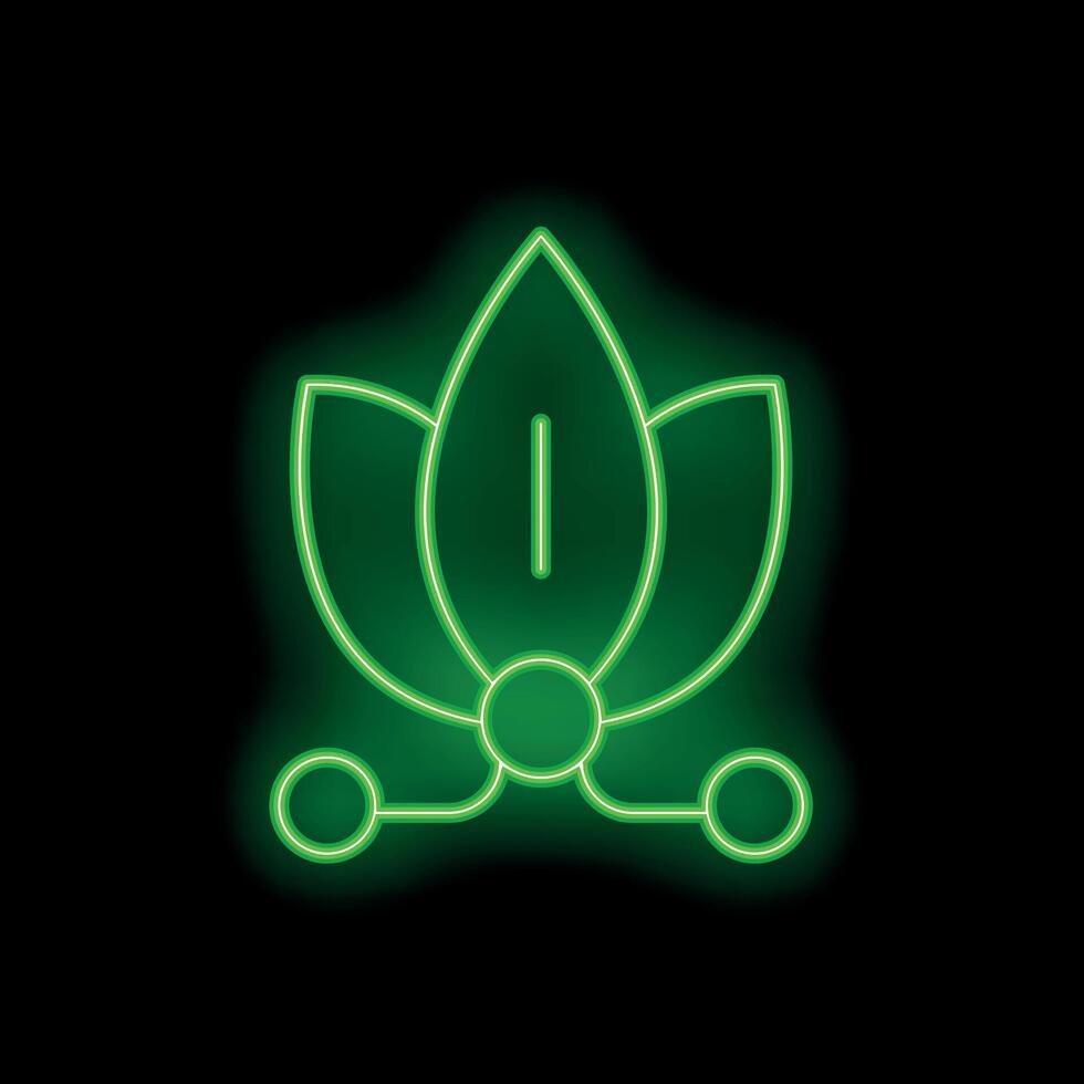 Green neon lotus flower connected with circles glowing on black background vector