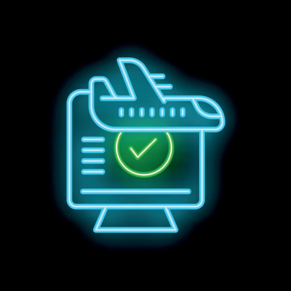 Neon icon of airplane taking off from computer screen for online flight booking vector
