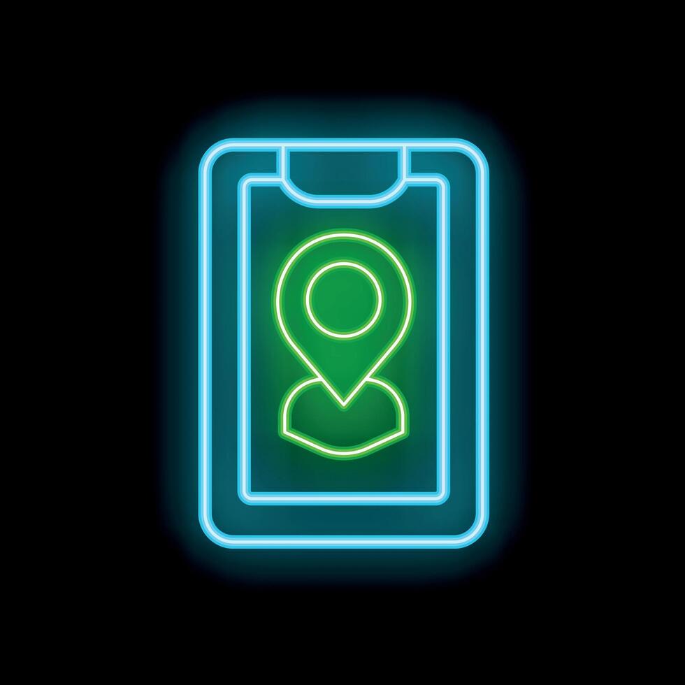 Neon smartphone displaying green location pin icon on dark background vector