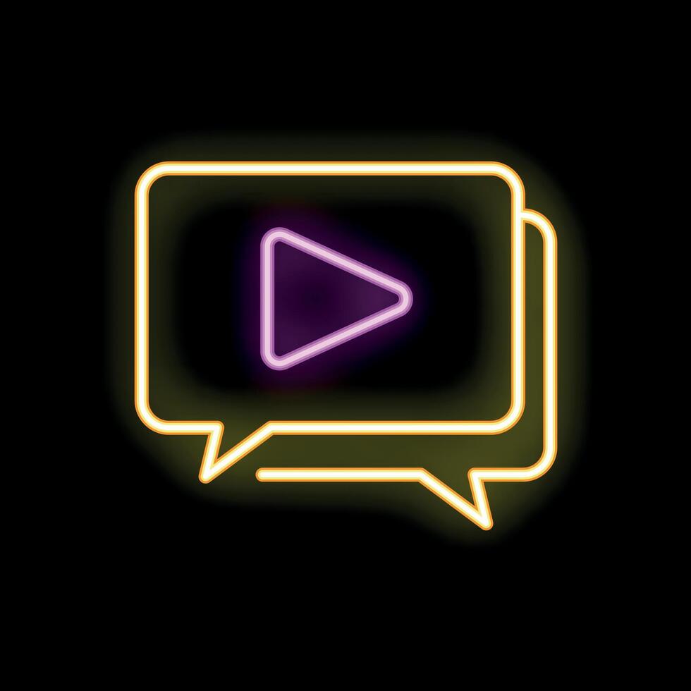 Neon sign showing speech bubble with play button on black background vector