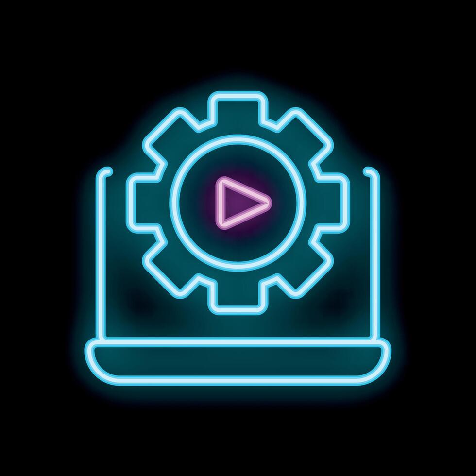 Neon icon of gear with play button over laptop representing editing software vector