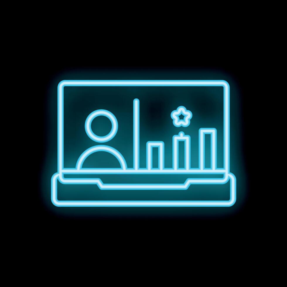 Neon blue laptop showing customer relationship management crm system icon vector