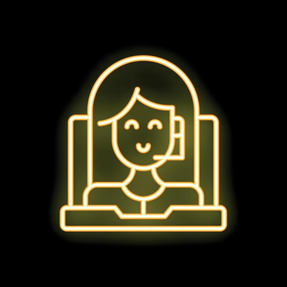 Smiling female customer service agent talking on headset with client neon icon vector