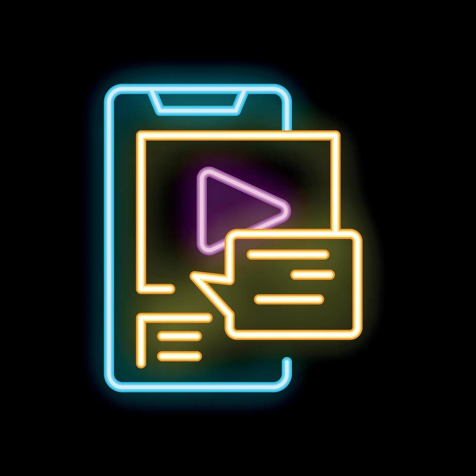 Neon icon representing smartphone showing streaming with comments section vector