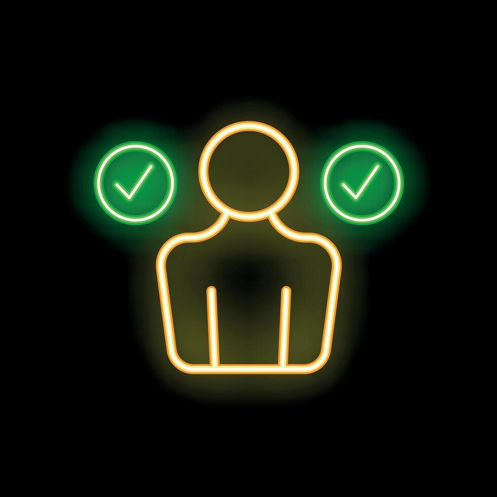 Neon icon style person passing test with two checkmarks glowing vector