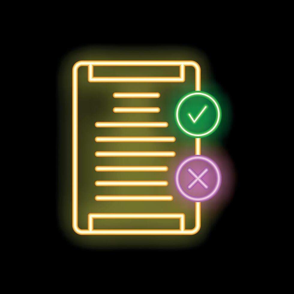 Neon sign representing validated document with checkmark and crossmark vector