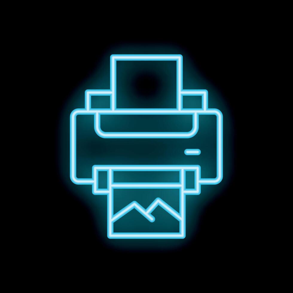 Neon office printer printing a photo icon on black background vector