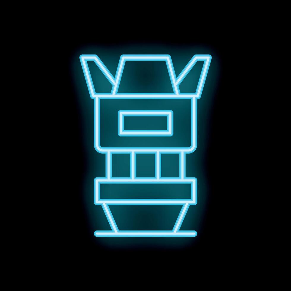 Blue neon icon of a camera lens with open aperture blades on black background vector