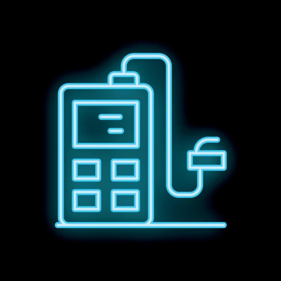 Blue neon icon of a pos terminal accepting a contactless payment vector
