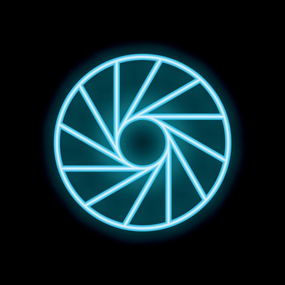 Neon blue camera shutter glowing on black background vector