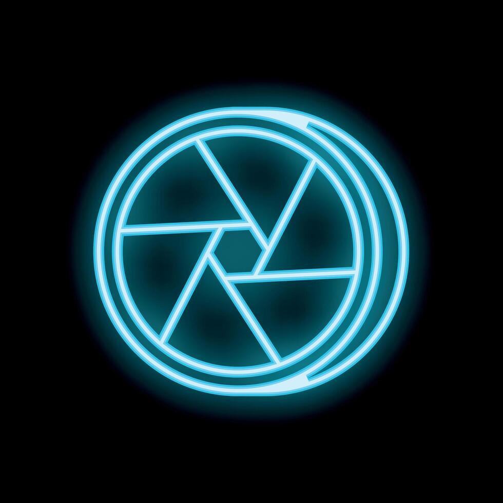 Neon camera shutter glowing on black background vector