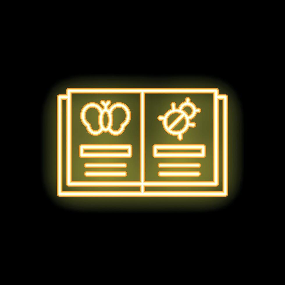 Open book about insects with butterfly and beetle in neon light style vector