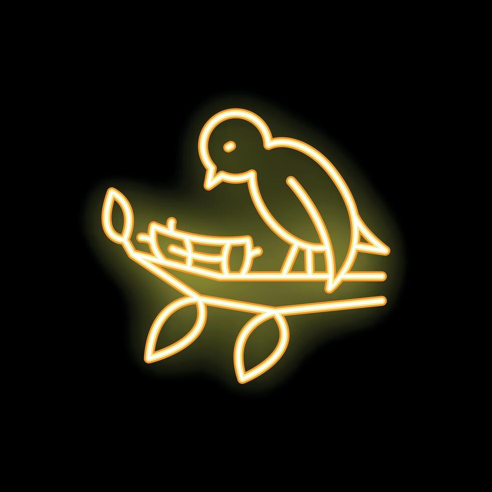 Yellow neon bird resting on branch with leaves icon vector
