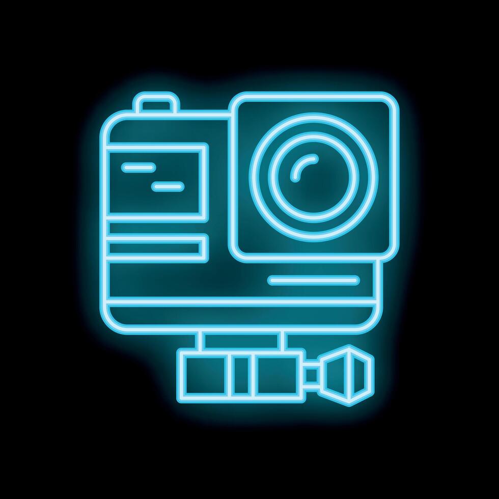 Neon action camera glowing on black background vector