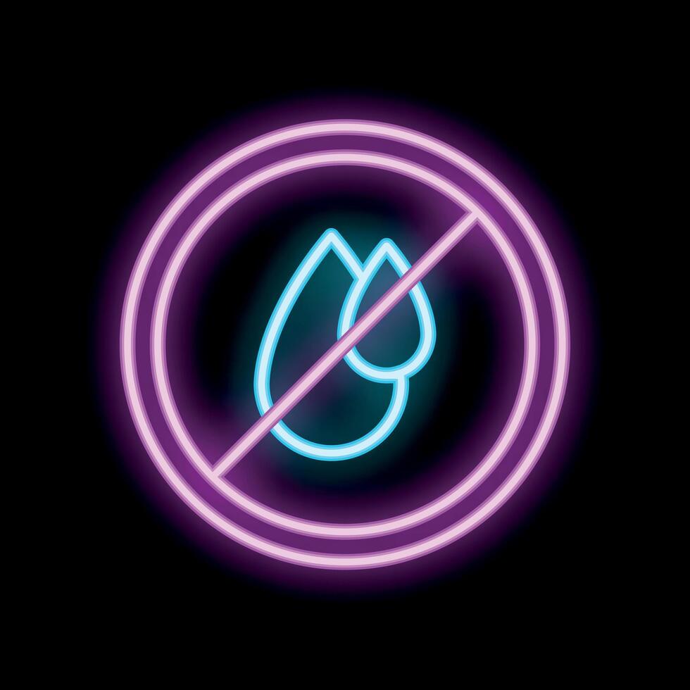Neon sign showing water drops with diagonal line through it on black background vector