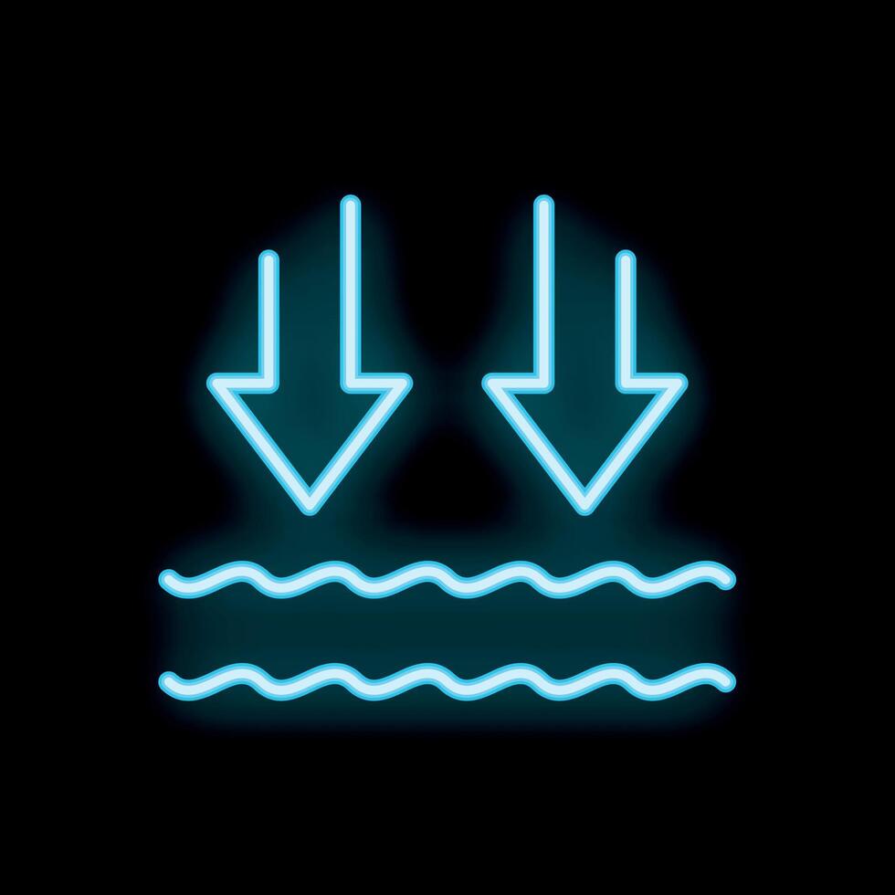 Neon arrows pointing down towards wavy lines on black background vector