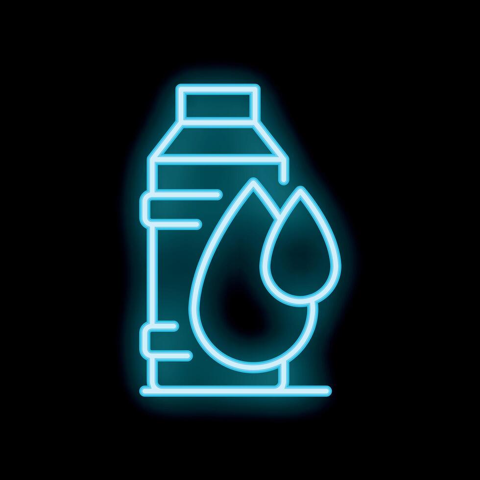 Neon blue water bottle icon glowing on dark background vector