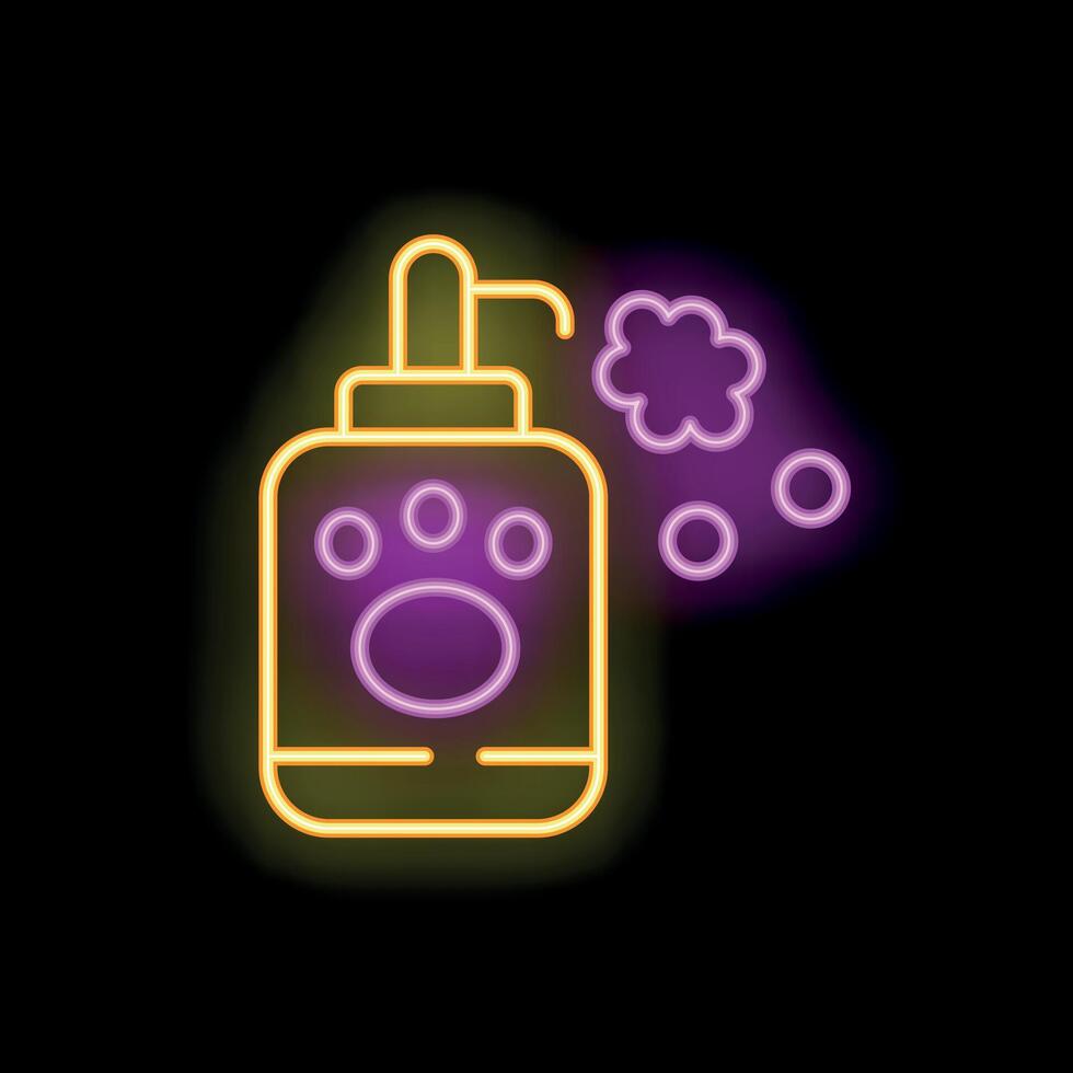 Neon icon of pet shampoo bottle dispensing soapy foam vector