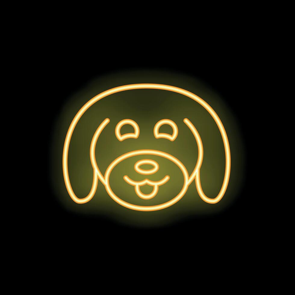 Yellow neon sign of happy puppy sticking out tongue vector