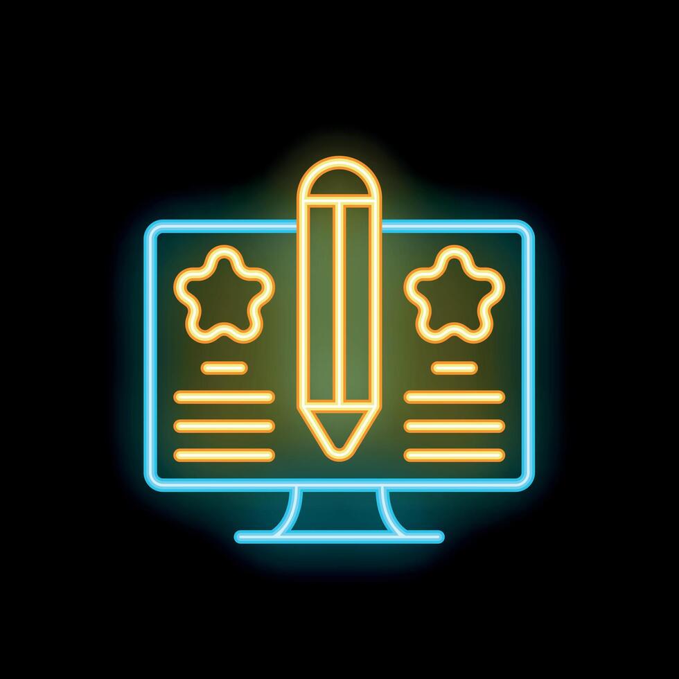 Neon icon of computer screen showing content creation process vector