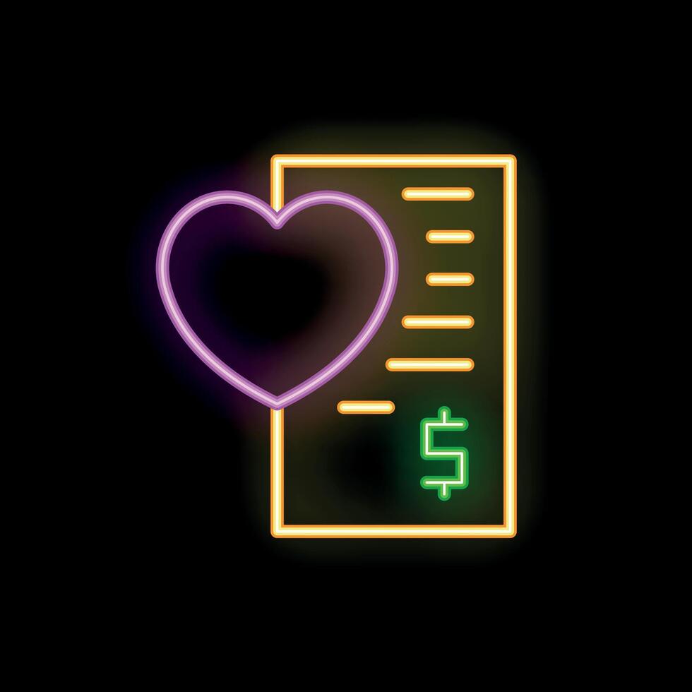 Neon icon of heart appearing on a bill representing charity donation vector