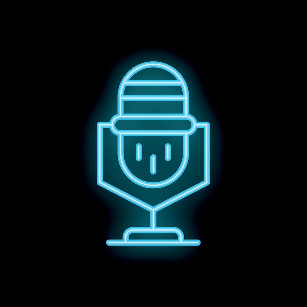 Blue neon microphone icon glowing on black background vector