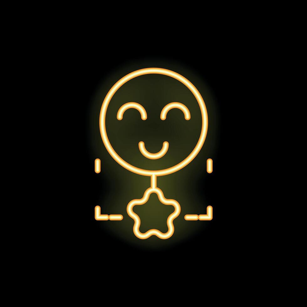 Neon icon of a smiling face with a star award hanging from it vector