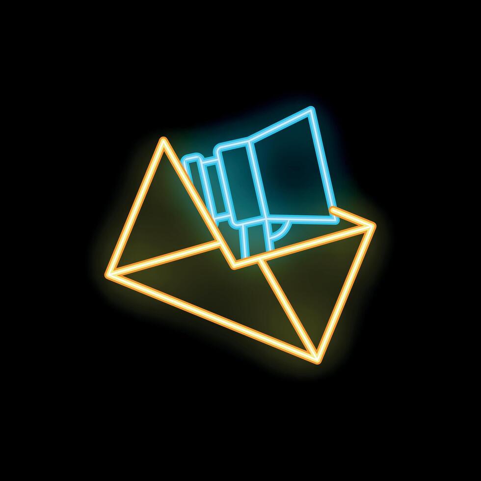 Neon icon of megaphone sticking out of open envelope representing email marketing vector