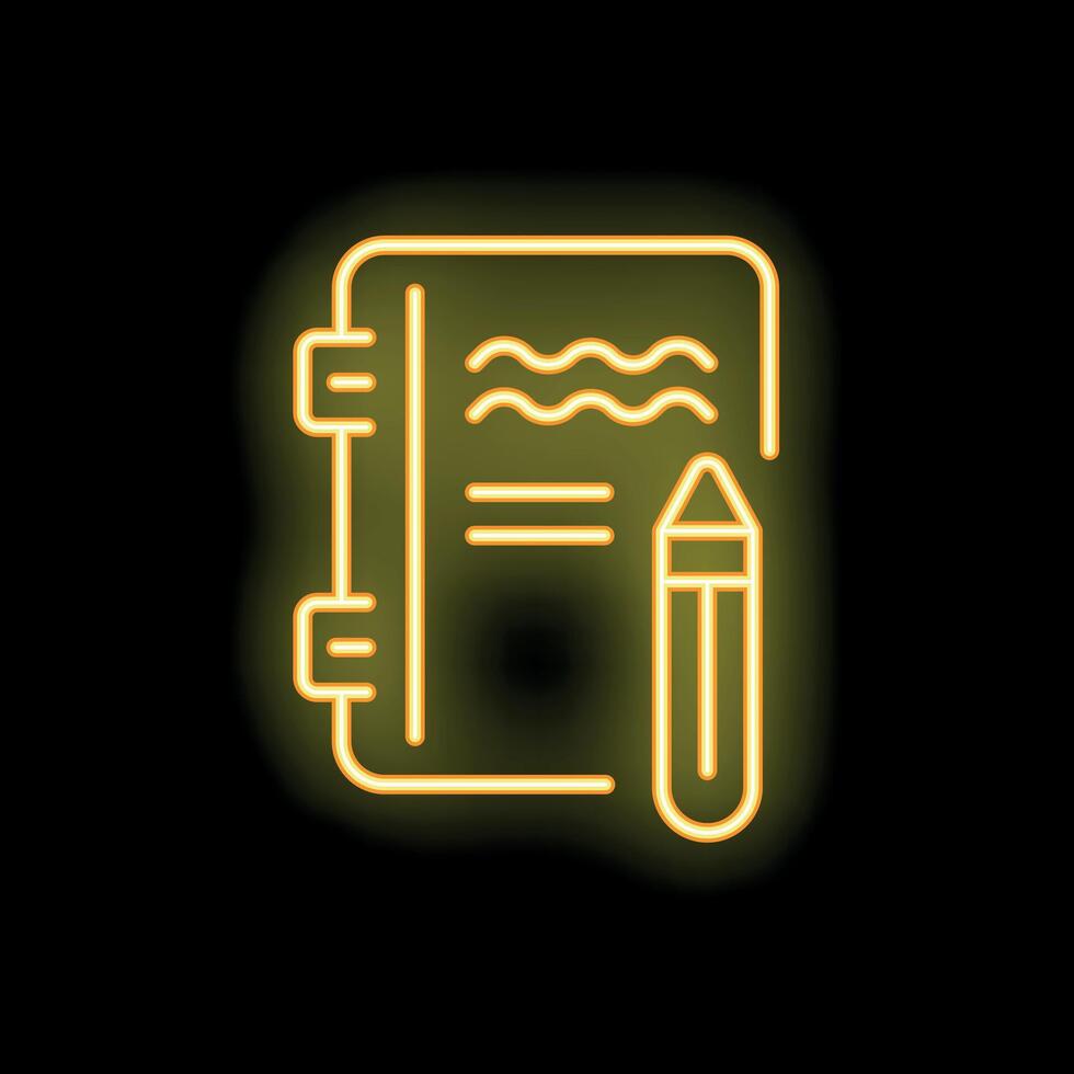 Neon sign of open notebook with pencil for writing and drawing vector
